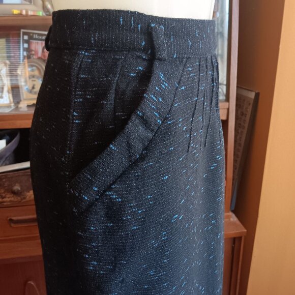 Vintage Women's Skirt 24W 1950's Wool Black/Blue Fleck Midi MCM Atomic Small - Picture 3 of 8